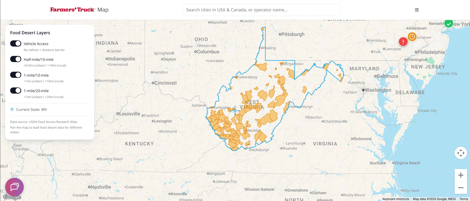 Food desert polygons rendered on the map